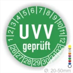 UVV geprüft Prüfplakette grün rund mit Monats- und Jahresanzeige zur Kennzeichnung des nächsten UVV-Prüftermins – selbstklebender Prüfaufkleber Ø 20–50 mm