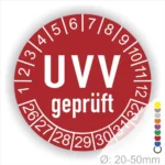 UVV geprüft Prüfplakette rot rund mit Monats- und Jahresanzeige zur Kennzeichnung des nächsten UVV-Prüftermins – selbstklebender Prüfaufkleber Ø 20–50 mm
