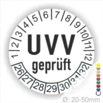 UVV geprüftes Prüfzeichen mit Zahlen von 1 bis 32 für Durchmesser 20-50 mm, zeigt Sicherheitskonformität an.