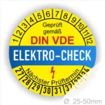 Prüfetiketten, Prüfplaketten rund, Farbe- Gelb in der Mitte ein Streifen in Blau, Text oberer Teil "Geprüft gemäß DIN-VDE" in Schwarz. Mittig Streifen in Rot mit dem Text " ELEKTRO-CHECK", danach Elektropfeil in Rot Startjahr- 27, Monatszahlen Oben und Jahreszahlen Unten in Kreisform. Über den Jahreszahlen Text "Nächster Prüftermin"
