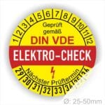 Prüfetiketten, Prüfplaketten rund, Farbe- Gelb in der Mitte ein Streifen in Rot, Text oberer Teil "Geprüft gemäß DIN-VDE" in Schwarz. Mittig Streifen in Rot mit dem Text " ELEKTRO-CHECK", danach Elektropfeil in Rot Startjahr- 29, Monatszahlen Oben und Jahreszahlen Unten in Kreisform. Über den Jahreszahlen Text "Nächster Prüftermin"