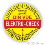 Runder Aufkleber für den DIN VDE Elektro-Check, gelb mit rotem Schriftzug. Enthält Informationen über die Prüfung und den nächsten Prüftermin, sowie eine Skala von 1 bis 12 und 25 bis 36. Durchmesser von 25-50 mm.