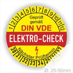 VDE Elektro-Check Prüfplakette mit Prüfdatum und nächstem Prüftermin, konform mit DIN-Vorschriften, im Durchmesser von 25-50 mm.