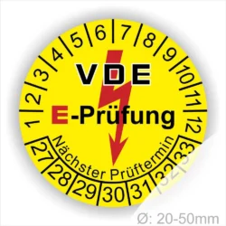 Runde gelbe VDE E-Prüfung Prüfplakette mit Monatsring und Jahresring, rotem Blitzsymbol und Aufdruck „Nächster Prüftermin“, Ø 20–50 mm