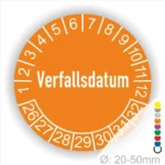 Prüfetiketten, Prüfaufkleber rund, Farbe- Orange, Text auf Englisch "Verfallsdatum" in Weiß. Startjahr- 26, Monatszahlen Oben und Jahreszahlen Unten in Kreisform.