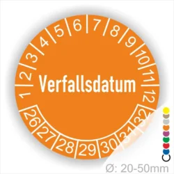 Prüfetiketten, Prüfaufkleber rund, Farbe- Orange, Text auf Englisch "Verfallsdatum" in Weiß. Startjahr- 26, Monatszahlen Oben und Jahreszahlen Unten in Kreisform.