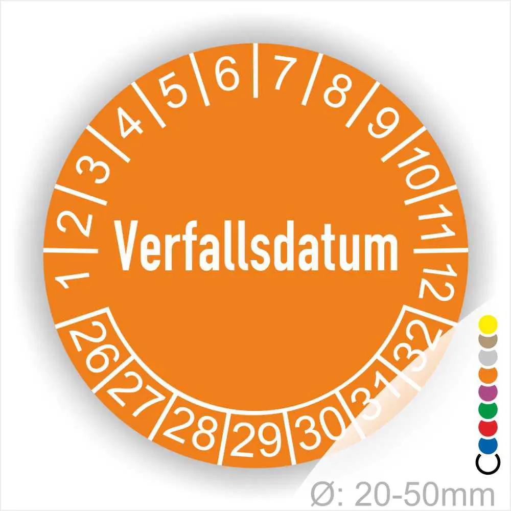 Verfallsdatum-Prüfplaketten-Startjahr-26-Farbe-orange Prüfetiketten, Prüfaufkleber rund, Farbe- Orange, Text auf Englisch "Verfallsdatum" in Weiß. Startjahr- 26, Monatszahlen Oben und Jahreszahlen Unten in Kreisform.