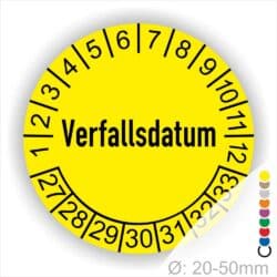 Prüfetiketten, Prüfaufkleber rund, Farbe- Gelb, Text auf Englisch "Verfallsdatum" in Schwarz. Startjahr- 27, Monatszahlen Oben und Jahreszahlen Unten in Kreisform.