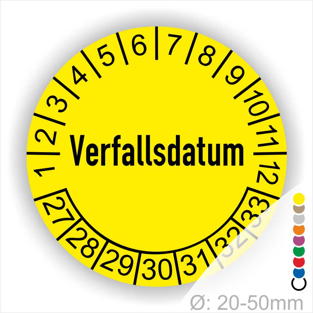 Verfallsdatum-Prüfplaketten-Startjahr-27-Farbe-gelb Prüfetiketten, Prüfaufkleber rund, Farbe- Gelb, Text auf Englisch "Verfallsdatum" in Schwarz. Startjahr- 27, Monatszahlen Oben und Jahreszahlen Unten in Kreisform.