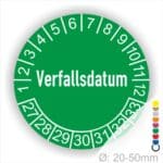 Verfallsdatum Prüfplakette grün mit Monats- und Jahresring, runde Prüfplakette zur Kennzeichnung von Ablauf- und Verfallsdaten, Durchmesser 20–50 mm