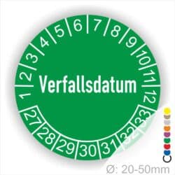 Verfallsdatum Prüfplakette grün mit Monats- und Jahresring, runde Prüfplakette zur Kennzeichnung von Ablauf- und Verfallsdaten, Durchmesser 20–50 mm