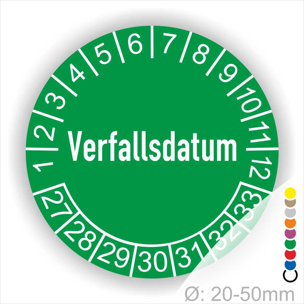 Verfallsdatum – Prüfplakette grün mit Monats- und Jahresring Verfallsdatum Prüfplakette grün mit Monats- und Jahresring, runde Prüfplakette zur Kennzeichnung von Ablauf- und Verfallsdaten, Durchmesser 20–50 mm