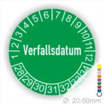 Prüfetiketten, Prüfaufkleber rund, Farbe- Gruen, Text auf Englisch "Verfallsdatum" in Weiß. Startjahr- 28, Monatszahlen Oben und Jahreszahlen Unten in Kreisform.