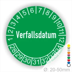 Prüfetiketten, Prüfaufkleber rund, Farbe- Gruen, Text auf Englisch "Verfallsdatum" in Weiß. Startjahr- 28, Monatszahlen Oben und Jahreszahlen Unten in Kreisform.