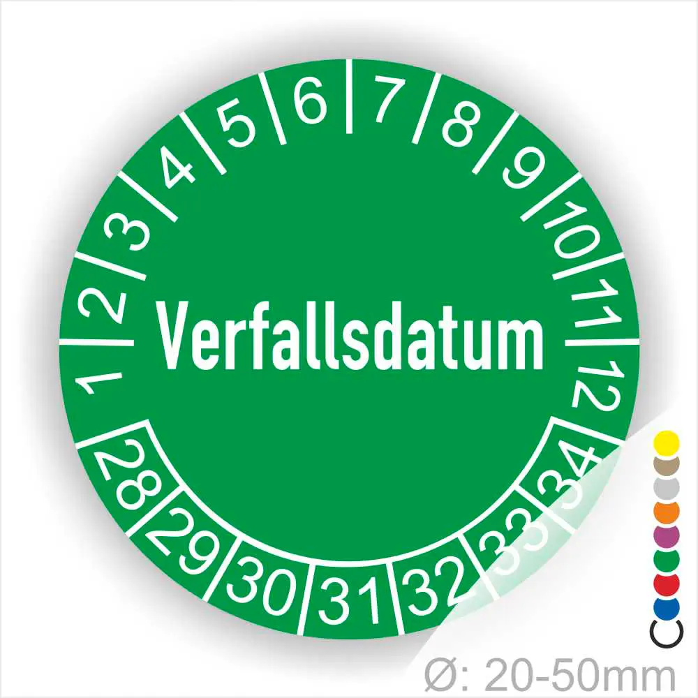 Verfallsdatum-Prüfplaketten-Startjahr-28-Farbe-grün Prüfetiketten, Prüfaufkleber rund, Farbe- Gruen, Text auf Englisch "Verfallsdatum" in Weiß. Startjahr- 28, Monatszahlen Oben und Jahreszahlen Unten in Kreisform.