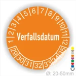 Prüfetiketten, Prüfaufkleber rund, Farbe- Orange, Text auf Englisch "Verfallsdatum" in Weiß. Startjahr- 29, Monatszahlen Oben und Jahreszahlen Unten in Kreisform.
