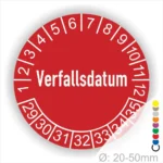 Verfallsdatum Prüfplakette rot mit Monats- und Jahresring, runde Prüfplakette zur Kennzeichnung von Ablauf- und Verfallsdaten, Durchmesser 20–50 mm
