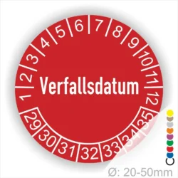 Verfallsdatum Prüfplakette rot mit Monats- und Jahresring, runde Prüfplakette zur Kennzeichnung von Ablauf- und Verfallsdaten, Durchmesser 20–50 mm