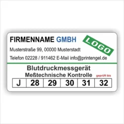 MTK Prüfetikett für Blutdruckmessgerät zur messtechnischen Kontrolle mit Firmenname, Logo, Jahreskennzeichnung 2028–2032 und geprüft-bis-Angabe gemäß MPBetreibV
