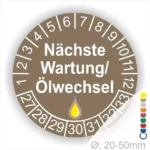 Nächste Wartung Ölwechsel Prüfplakette, Prüfaufkleber braun mit Monats- und Jahresring, runde Wartungsplakette zur Kennzeichnung des nächsten Ölwechsels, Durchmesser 20–50 mm