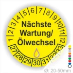 Nächste Wartung Ölwechsel Prüfplakette gelb mit Monats- und Jahresring, runde Wartungsplakette zur Kennzeichnung des nächsten Ölwechsels, Durchmesser 20–50 mm