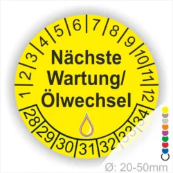 Nächste Wartung Ölwechsel Prüfplakette, Prüfaufkleber gelb mit Monats- und Jahresring, runde Wartungsplakette zur Kennzeichnung des nächsten Ölwechsels, Durchmesser 20–50 mm Startjahr 2028