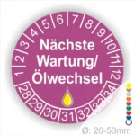 Nächste Wartung Ölwechsel Prüfplakette, Prüfaufkleber lila mit Monats- und Jahresring, runde Wartungsplakette zur Kennzeichnung des nächsten Ölwechsels, Durchmesser 20–50 mm Startjahr 2028