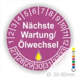 Nächste Wartung Ölwechsel Prüfplakette lila mit Monats- und Jahresring, runde Wartungsplakette zur Kennzeichnung des nächsten Ölwechsels, Durchmesser 20–50 mm