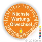 Nächste Wartung Ölwechsel Prüfplakette orange mit Monats- und Jahresring, runde Wartungsplakette zur Kennzeichnung des nächsten Ölwechsels, Durchmesser 20–50 mm