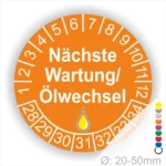 Nächste Wartung Ölwechsel Prüfplakette, Prüfaufkleber orange mit Monats- und Jahresring, runde Wartungsplakette zur Kennzeichnung des nächsten Ölwechsels, Durchmesser 20–50 mm Startjahr 2028