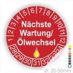 Nächste Wartung Ölwechsel Prüfplakette, Prüfaufkleber rot mit Monats- und Jahresring, runde Wartungsplakette zur Kennzeichnung des nächsten Ölwechsels, Durchmesser 20–50 mm Startjahr 2028
