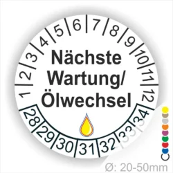 Prüfetiketten, Prüfaufkleber rund, Farbe- Weiß, Text "Nächste Wartung/Ölwechsel" in Schwarz. Startjahr- 28, Monatszahlen Oben und Jahreszahlen Unten in Kreisform, über den Jahreszahlen ein Öltropfen als Icon/Piktogramm in Farbe Gelb.