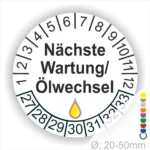Nächste Wartung Ölwechsel Prüfaufkleber weiss mit Monats- und Jahresring, runde Wartungsplakette zur Kennzeichnung des nächsten Ölwechsels, Durchmesser 20–50 mm