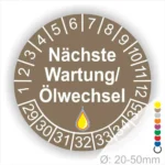 Prüfetiketten, Prüfaufkleber rund, Farbe- Braun, Text "Nächste Wartung/Ölwechsel" in Weiß. Startjahr- 29, Monatszahlen Oben und Jahreszahlen Unten in Kreisform, über den Jahreszahlen ein Öltropfen als Icon/Piktogramm in Gelb.