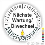 Prüfetiketten, Wartungsetikettee rund, Farbe- Gelb, Text "Nächste Wartung/Ölwechsel" in schwarz. Startjahr- 29, Monatszahlen Oben und Jahreszahlen Unten in Kreisform, über den Jahreszahlen ein Öltropfen als Icon/Piktogramm in Gelb.