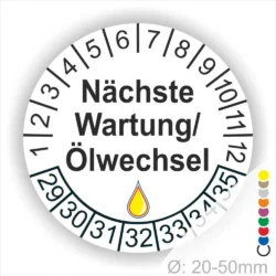 Prüfetiketten, Wartungsetikettee rund, Farbe- Gelb, Text "Nächste Wartung/Ölwechsel" in schwarz. Startjahr- 29, Monatszahlen Oben und Jahreszahlen Unten in Kreisform, über den Jahreszahlen ein Öltropfen als Icon/Piktogramm in Gelb.