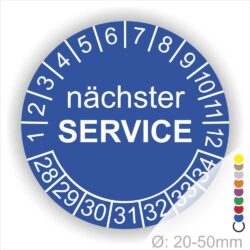 Nächster Service Prüfplakette blau mit Monats- und Jahresring, runde Serviceplakette zur Kennzeichnung des nächsten Wartungstermins, Durchmesser 20–50 mm