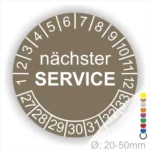 Runde Servicemarke mit der Aufschrift "nächster SERVICE" und Zahlen von 1 bis 33, geeignet für Anwendungen mit einem Durchmesser von 20-50 mm.