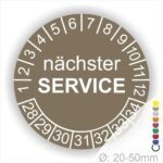 Nächster Service Prüfplakette braun mit Monats- und Jahresring, runde Serviceplakette zur Kennzeichnung des nächsten Wartungstermins, Durchmesser 20–50 mm