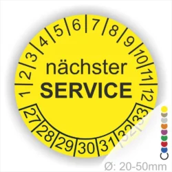 Prüfplaketten, Prüfetiketten rund, Farbe- Gelb, Text "nächster SERVICE" in Schwarz. Startjahr- 27, Monatszahlen Oben und Jahreszahlen Unten in Kreisform.