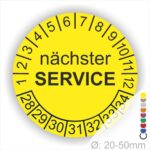 Nächster Service Prüfplakette gelb mit Monats- und Jahresring, runde Serviceplakette zur Kennzeichnung des nächsten Wartungstermins, Durchmesser 20–50 mm
