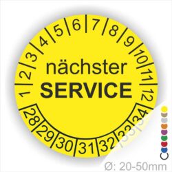 Nächster Service Prüfplakette gelb mit Monats- und Jahresring, runde Serviceplakette zur Kennzeichnung des nächsten Wartungstermins, Durchmesser 20–50 mm