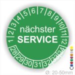 Grüner Serviceaufkleber mit der Aufschrift "nächster SERVICE" und einer Nummerierung von 1 bis 34, geeignet für Durchmesser von 20-50mm.