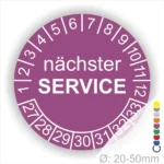 Prüfaufkleber, Prüfetiketten rund, Farbe- Lila, Text "nächster SERVICE" in weiß. Startjahr- 27, Monatszahlen Oben und Jahreszahlen Unten in Kreisform.