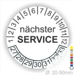 Prüfsiegel, Prüfetiketten rund, Farbe- Gelb, Text "nächster SERVICE" in Schwarz. Startjahr- 27, Monatszahlen Oben und Jahreszahlen Unten in Kreisform.