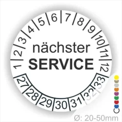 Prüfsiegel, Prüfetiketten rund, Farbe- Gelb, Text "nächster SERVICE" in Schwarz. Startjahr- 27, Monatszahlen Oben und Jahreszahlen Unten in Kreisform.