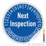 Next Inspection Prüfplakette blau mit Monats- und Jahresring, runde Prüfplakette zur Kennzeichnung des nächsten Inspektionstermins, Durchmesser 20–50 mm