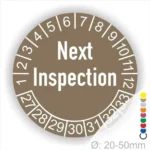 Next Inspection Prüfplakette braun mit Monats- und Jahresring, runde Prüfplakette zur Kennzeichnung des nächsten Inspektionstermins, Durchmesser 20–50 mm