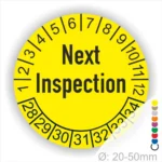 Next Inspection Prüfplakette gelb mit Monats- und Jahresring, runde Prüfplakette zur Kennzeichnung des nächsten Inspektionstermins, Durchmesser 20–50 mm
