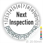 Next Inspection Prüfplakette weiss mit Monats- und Jahresring, runde Prüfplakette zur Kennzeichnung des nächsten Inspektionstermins, Durchmesser 20–50 mm